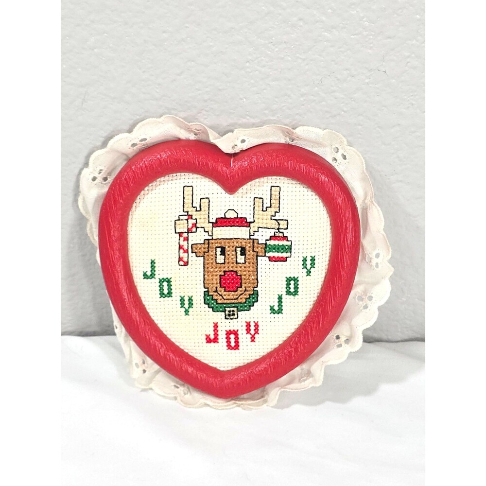 Vintage Christmas Rudolf Deer Cross Stitch Hoop Frame Joy Wall hanger grannycore